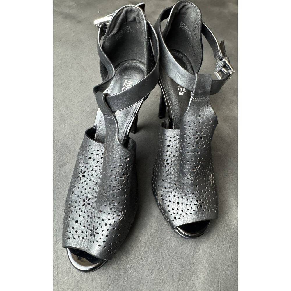 Michael Kors Black Leather Platform Heels 8M Laser Cut Peep Toe Heeled Bootie